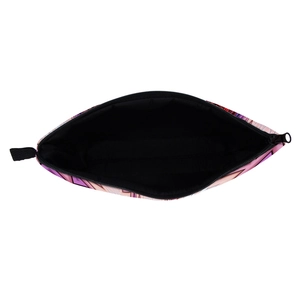 Cosmetic bag with pink and purple geometric patterns featuring black metal zipper