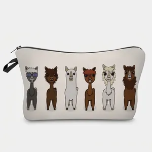 Cartoon Llama Print Polyester Makeup Bag Portable Travel Toiletry Organizer Handbag With Zipper For Women Cosmetic Case