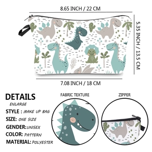 Waterproof dinosaur print makeup bag with zipper closure and dimensions for travel storage