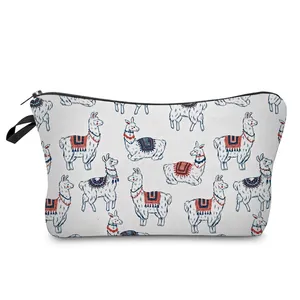 Women Casual Polyester Makeup Bag Cute Alpaca Print Zipper Travel Cosmetic Organizer Pouch Multi-purpose Wash Bag