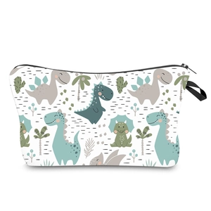 Close-up of waterproof cosmetic bag featuring colorful dinosaur patterns and black zipper