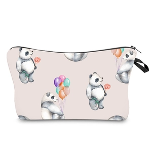 Detail of travel makeup bag featuring watercolor panda patterns and durable black zipper