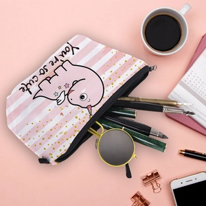 Waterproof pink striped cosmetic bag with cute cartoon unicorn and zipper closure