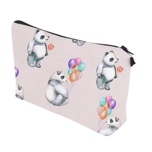 Cute panda print digital makeup bag with colorful balloons on pink canvas organizer pouch