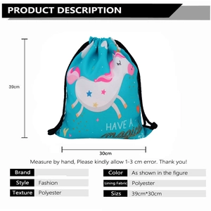 Sky blue unicorn drawstring backpack with 39x30cm dimensions made of durable polyester