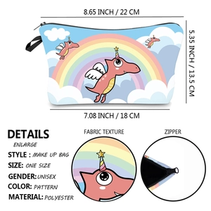 Waterproof digital dinosaur print makeup bag with precise size and material details