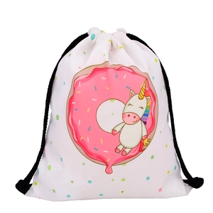 Unicorn and donut print drawstring backpack with colorful polka dots on white polyester