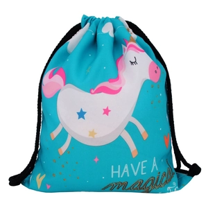 Blue unicorn drawstring backpack with magical print and black rope shoulder straps