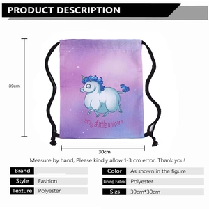 Purple unicorn drawstring backpack made of durable polyester fabric size 39cm by 30cm