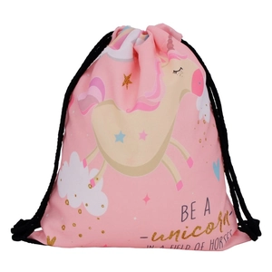 Pink drawstring backpack featuring colorful unicorn print and motivational quote