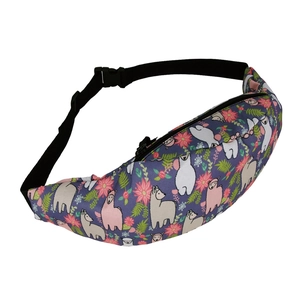 Outdoor waist bag featuring purple alpaca and floral print with adjustable strap