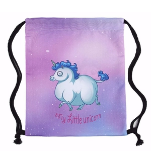 Close-up of the unicorn print and gradient pink purple fabric on drawstring backpack