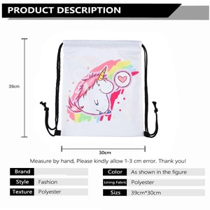 White polyester drawstring bag with colorful cartoon unicorn print and 39x30cm size specs