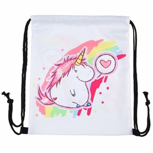 White drawstring bag with colorful unicorn print and rainbow accents for children