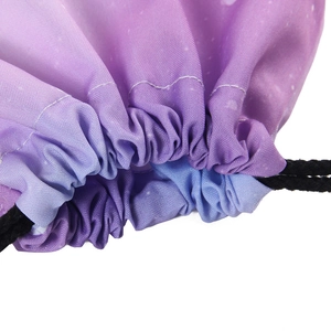 Unicorn drawstring backpack with purple blue gradient star pattern and black woven cord