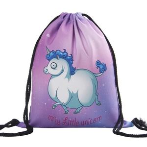Detail of purple gradient drawstring bag with cute fat unicorn print and black cords