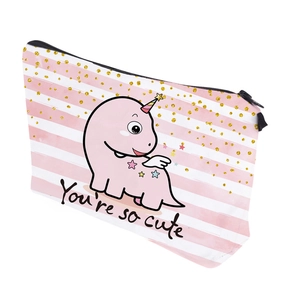 Cute pink striped dinosaur makeup bag with You are so cute quote and gold glitter dots