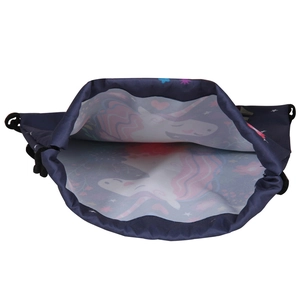 Detail view of the drawstring opening and unicorn print on the navy blue storage backpack