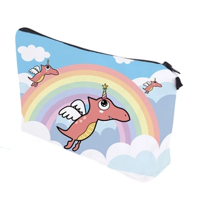 Waterproof travel makeup bag with cute sky blue dinosaur and rainbow digital printing