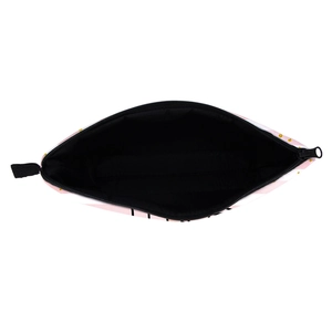Waterproof pink striped makeup bag with gold dots and spacious black interior