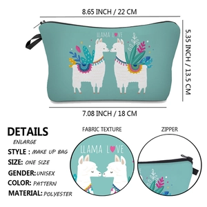 Detailed view of mint green polyester makeup bag with llama print and zipper closure