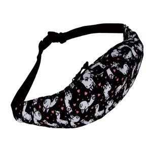 Detail of alpaca print waist bag with durable fabric, adjustable strap, and secure plastic buckle