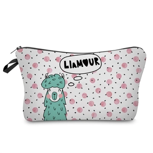 Detailed view of white alpaca makeup bag with mint llama print and zipper closure
