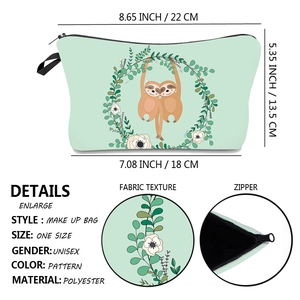 Waterproof polyester makeup bag with sloth print showing dimensions and product details