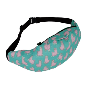 Detail view of alpaca print waist bag showing adjustable strap and durable buckle closure