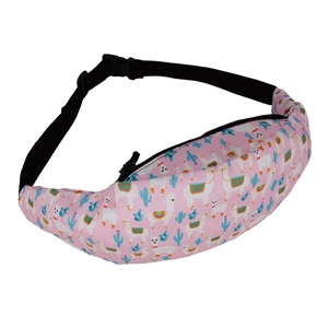 Detail view of pink fanny pack with alpaca and cactus prints for outdoor sports