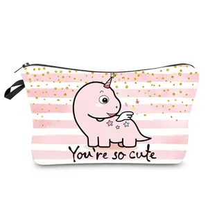 Cute Dinosaur Printed Waterproof Makeup Bag Women Pink Striped Polyester Travel Toiletry Organizer Handheld Cosmetic Pouch Bag