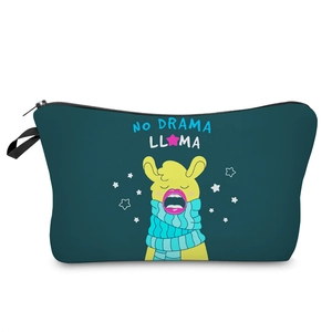 Detailed macro view of navy blue llama makeup bag with NO DRAMA LLAMA text print