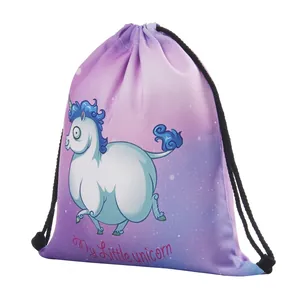 Purple Gradient Unicorn Drawstring Backpack Polyester Cartoon Animal Print Storage Bag For Unisex Casual Travel Daily Rucksack