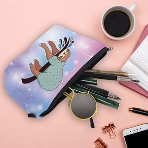 Waterproof travel cosmetic bag with cartoon sloth print and galaxy starry sky pattern