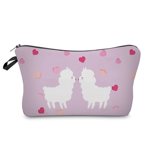 Detailed view of the purple alpaca makeup bag featuring heart prints and a black zipper