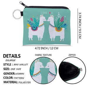 Waterproof polyester llama print mini wallet for women with zipper and keychain detail
