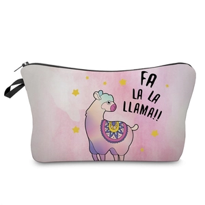 Detail of pink watercolor alpaca makeup bag showing zipper closure and lanyard