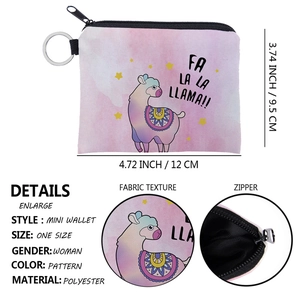 Pink gradient star sky llama coin purse with zipper and metal keychain ring