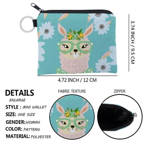 Mini alpaca print coin purse with floral pattern and secure keychain attachment
