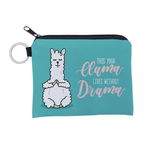 Close-up of mint green alpaca yoga coin purse with silver metal keychain and zipper