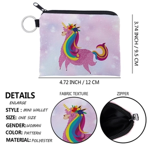 Pink starry alpaca mini coin purse with rainbow unicorn pattern and zipper closure
