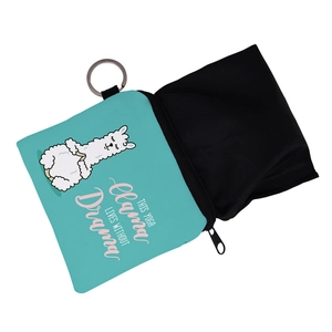 Lake blue yoga llama coin purse with silver keychain hook and foldable fabric storage
