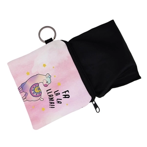 Pink galaxy llama cartoon coin purse with zipper and metal keychain for women