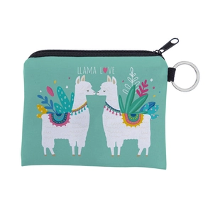 Waterproof alpaca coin purse in mint green with LLAMA LOVE print and metal keyring