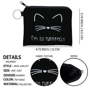 Waterproof mini cat face coin purse with metal keychain and zip closure for women