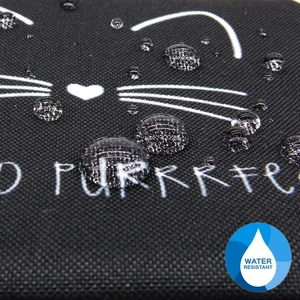 Macro shot showing crystal clear water droplets on the waterproof black cat coin pouch