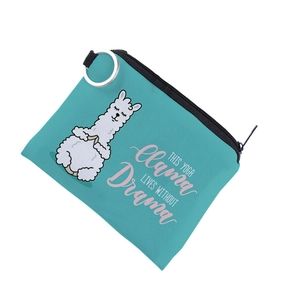 Teal yoga llama coin purse with water-resistant fabric and metal keychain ring