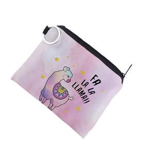 Detail of pink starry llama coin purse with 'FA LA LA LLAMA!!' print and silver zipper pull