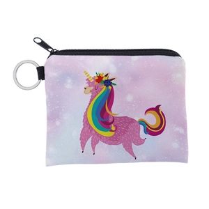 Detail showing the pink starry alpaca pattern and metal keyring of the small canvas coin pouch