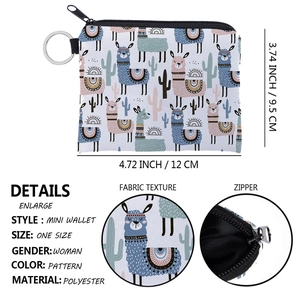 Waterproof alpaca print mini coin purse with key ring and polyester fabric details